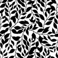 Seamless endless pattern. Silhouette of branches with leaves isolated on white background. Royalty Free Stock Photo